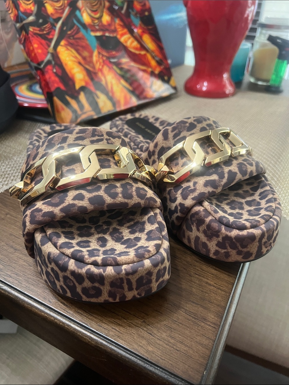Good American Leopard Print Slide Sandals with Gold Accent